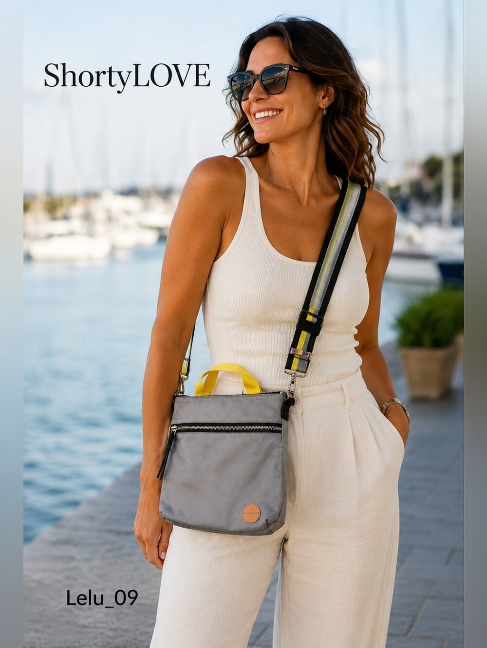 ShortyLOVE Gray Nylon Crossbody Bag Yellow Accents Adjustable Strap Lightweight